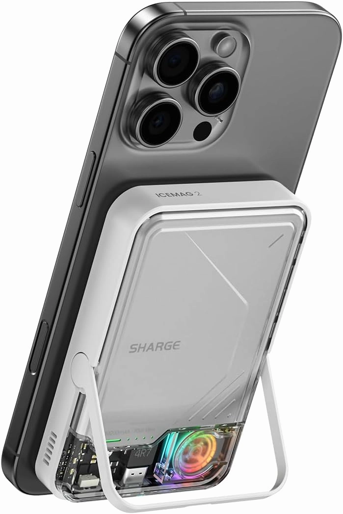 ICEMAG 2 MagSafe Power Bank, 15W Qi2 Magnetic Portable Charger with Active Cooling 10000mAh Battery Pack with Foldable Stand Transparent, Compatible for iPhone 16/15/14 Series, Galaxy Pixel