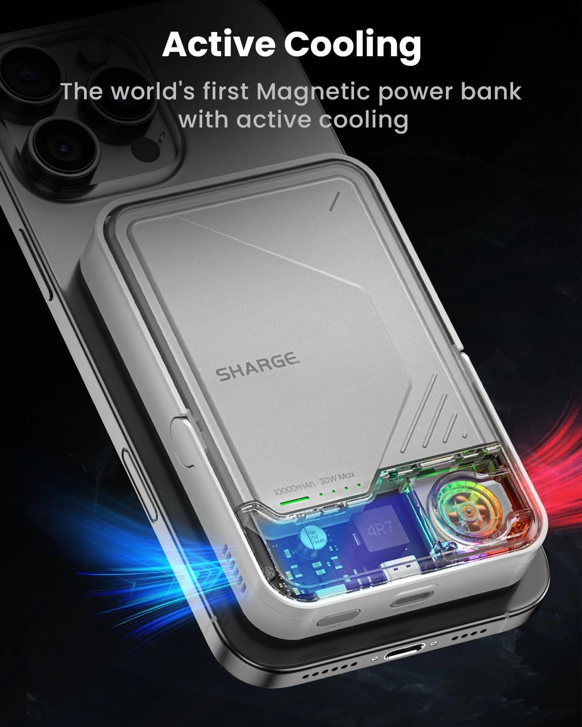 ICEMAG 2 MagSafe Power Bank, 15W Qi2 Magnetic Portable Charger with Active Cooling 10000mAh Battery Pack with Foldable Stand Transparent, Compatible for iPhone 16/15/14 Series, Galaxy Pixel