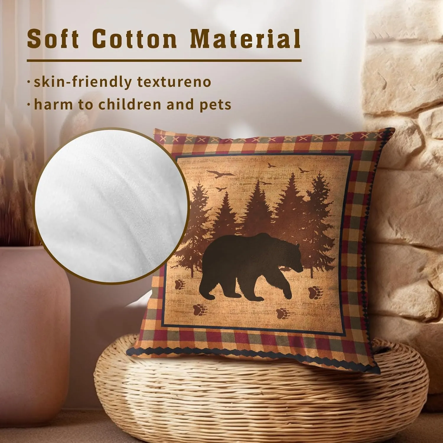 Imiss Bear Throw Pillow Covers 18x18 Inch Set of 2 Forest Cabin Nature Wildlife Square Pillowcase Buffalo Plaid Decorative Cushion Cover for Outdoor Sofa Bedroom Car