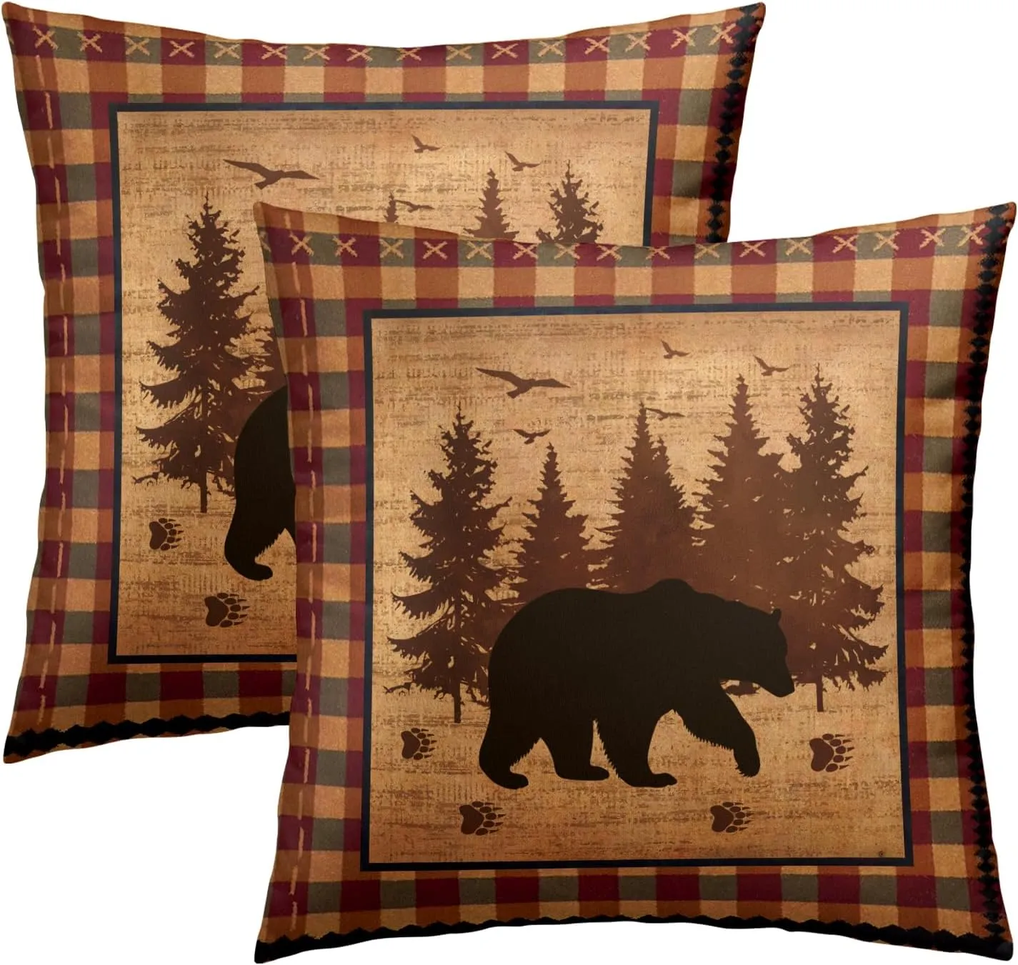 Imiss Bear Throw Pillow Covers 18x18 Inch Set of 2 Forest Cabin Nature Wildlife Square Pillowcase Buffalo Plaid Decorative Cushion Cover for Outdoor Sofa Bedroom Car