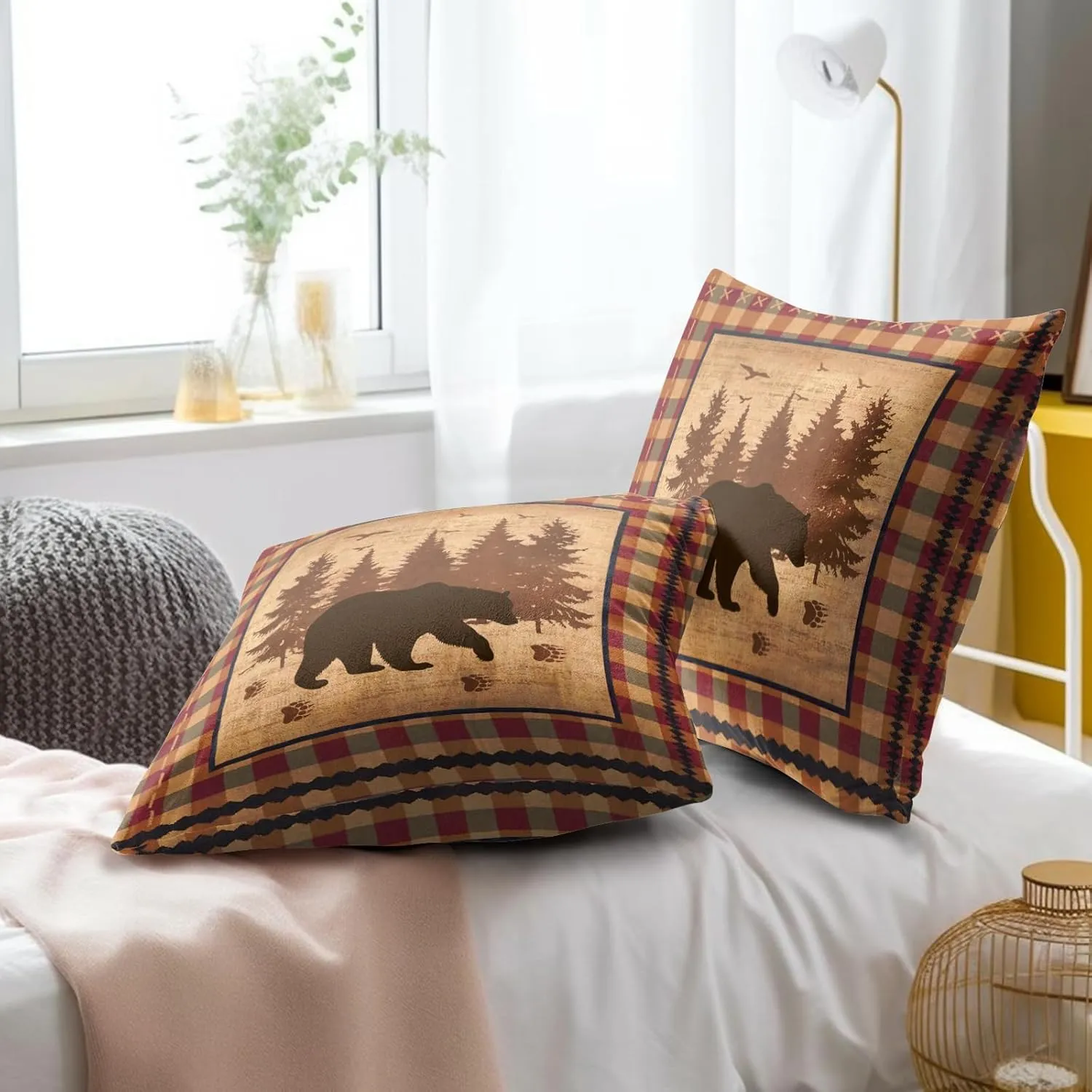 Imiss Bear Throw Pillow Covers 18x18 Inch Set of 2 Forest Cabin Nature Wildlife Square Pillowcase Buffalo Plaid Decorative Cushion Cover for Outdoor Sofa Bedroom Car