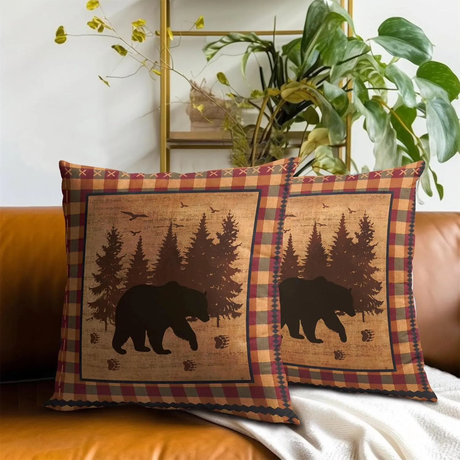 Imiss Bear Throw Pillow Covers 18x18 Inch Set of 2 Forest Cabin Nature Wildlife Square Pillowcase Buffalo Plaid Decorative Cushion Cover for Outdoor Sofa Bedroom Car