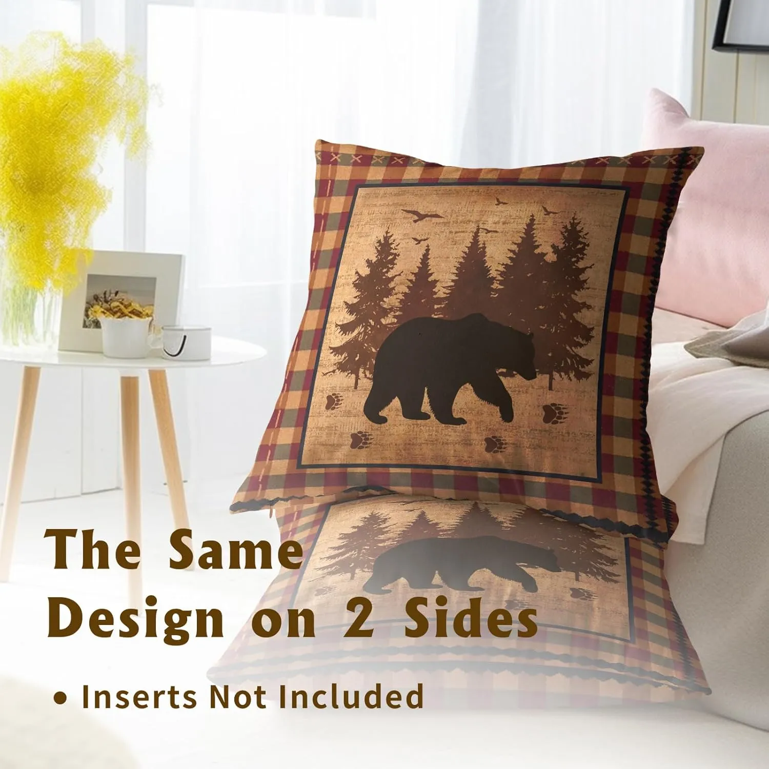 Imiss Bear Throw Pillow Covers 18x18 Inch Set of 2 Forest Cabin Nature Wildlife Square Pillowcase Buffalo Plaid Decorative Cushion Cover for Outdoor Sofa Bedroom Car
