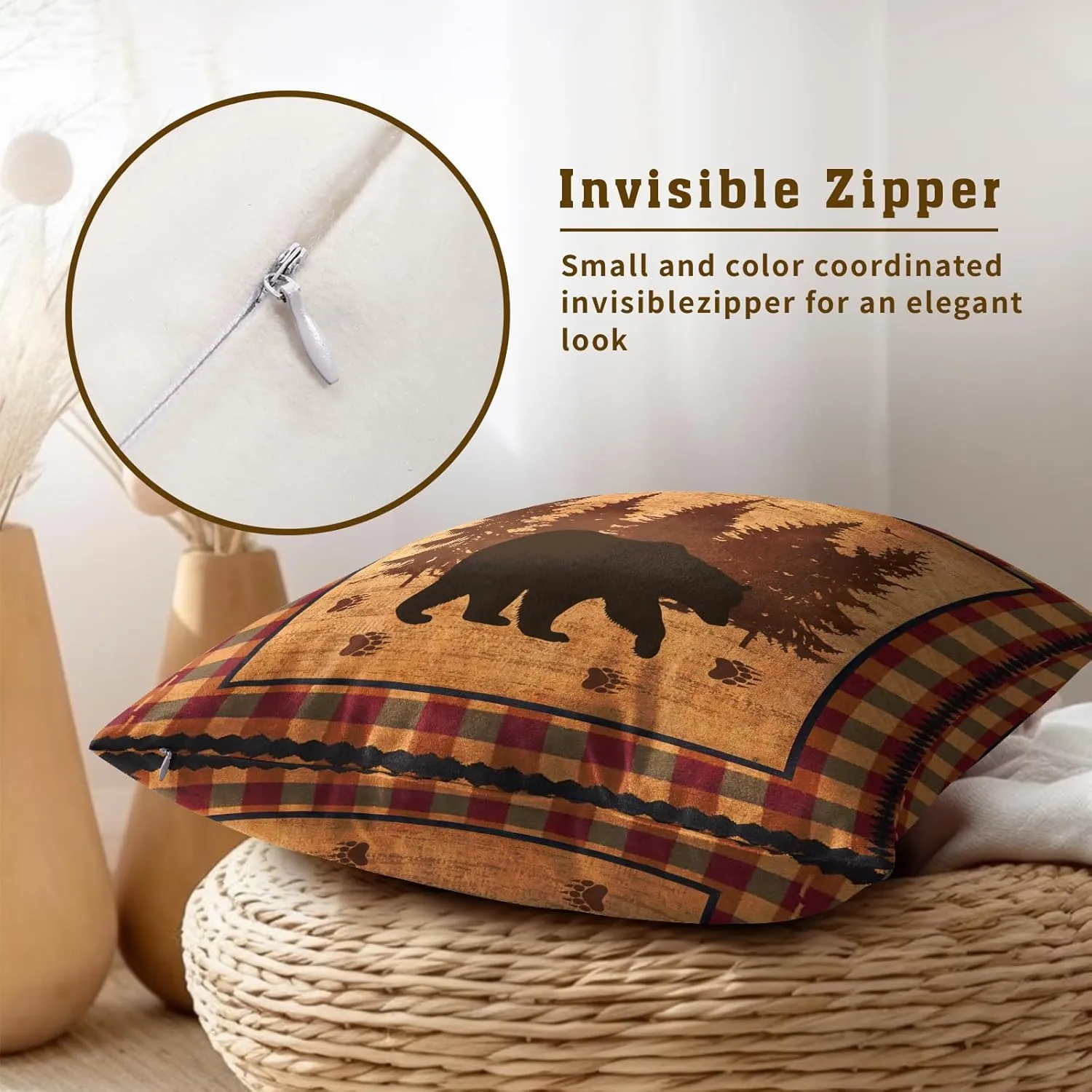 Imiss Bear Throw Pillow Covers 18x18 Inch Set of 2 Forest Cabin Nature Wildlife Square Pillowcase Buffalo Plaid Decorative Cushion Cover for Outdoor Sofa Bedroom Car
