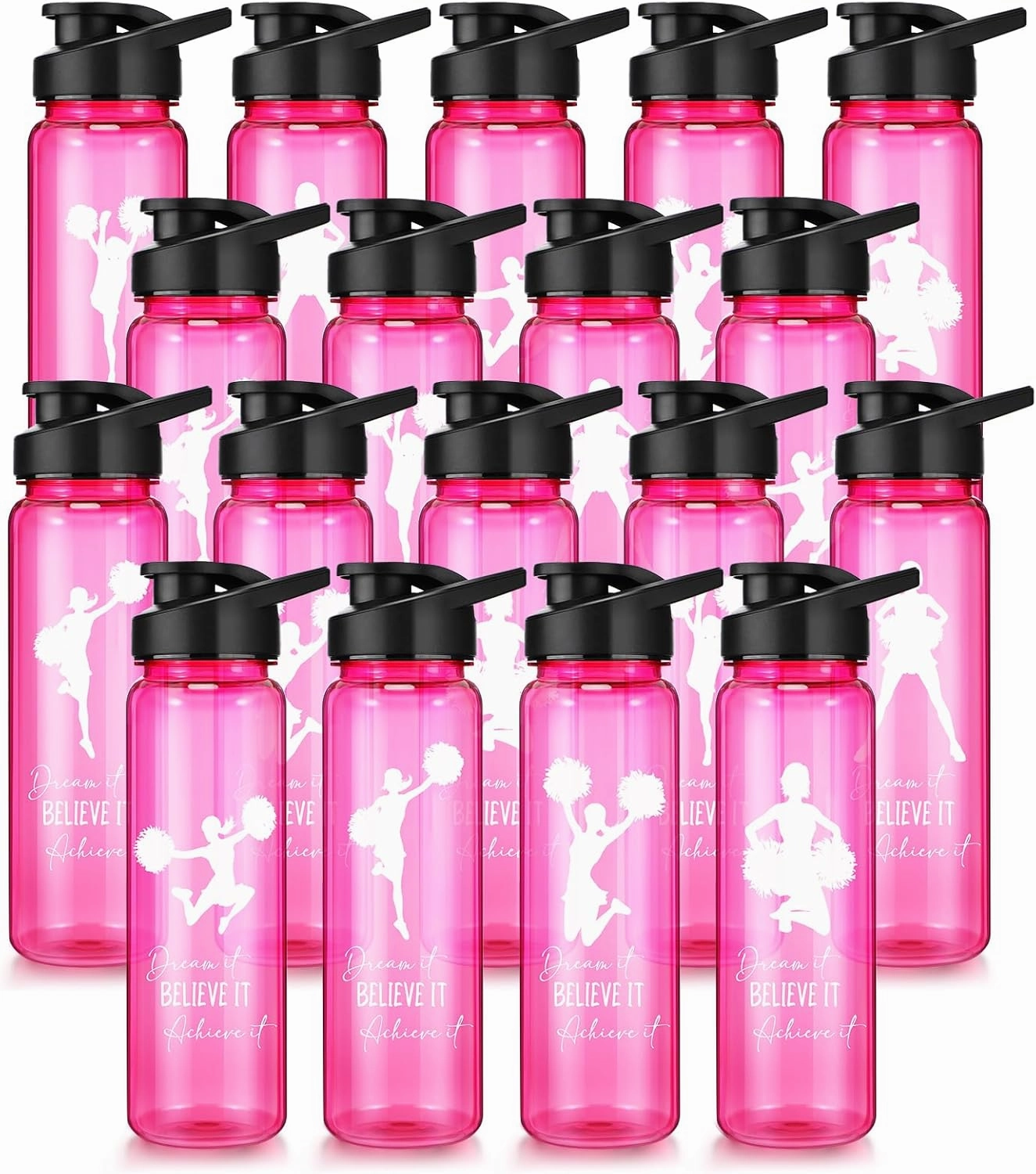 Inbagi 18 Pcs Cheer Water Bottles Gift Bulk Cheerleader 24 oz Reusable Rose Pink Sport Bottles with Pull Cheerleader Motivation Gifts for Women Teams Travel Gym Sports Party Supplies, 6 Style