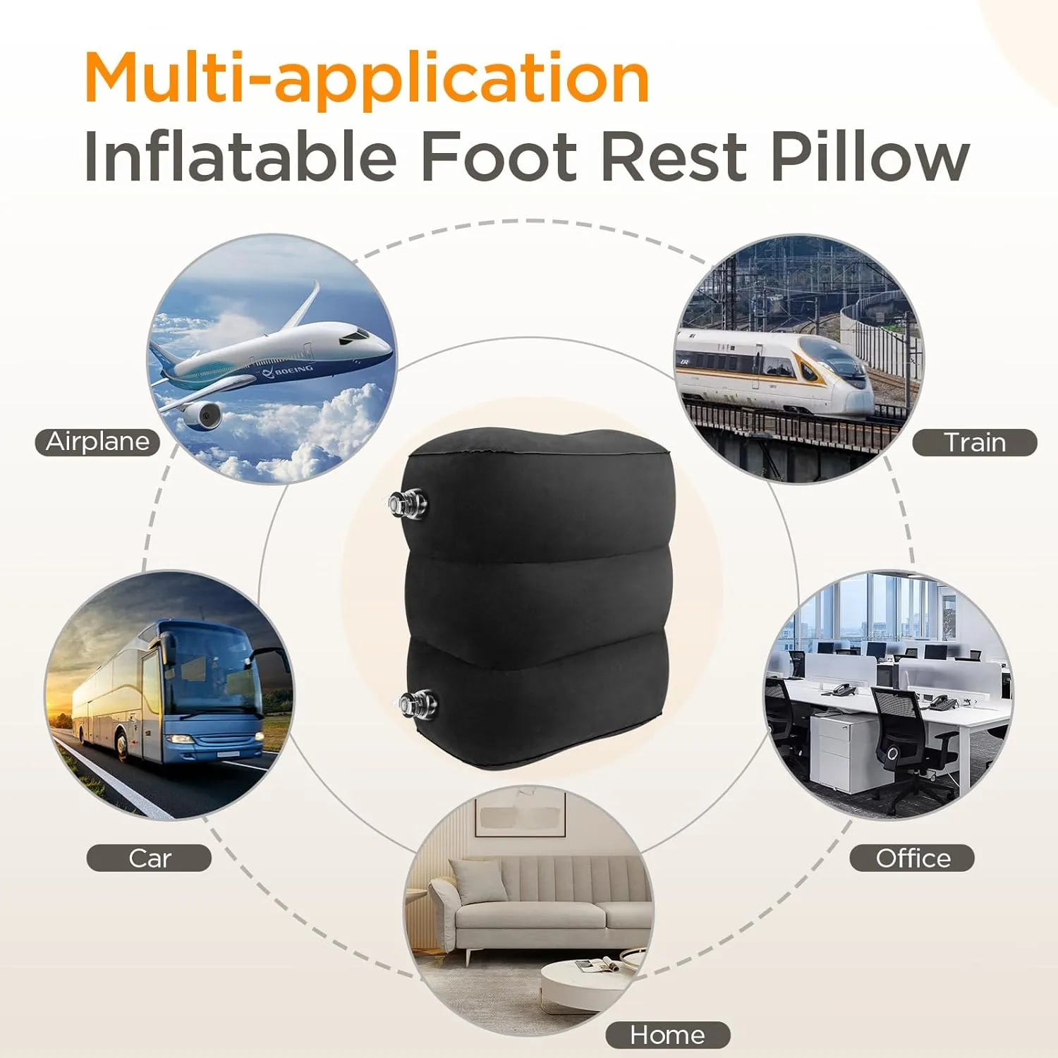 Inflatable Travel Foot Rest Pillow(2 Packs), Adjustable Height Leg Pillow，Fast Inflating Airplane Bed for Toddlers，Footrest Pillow for Office, Airplane，Train，Cars，Home (Black)