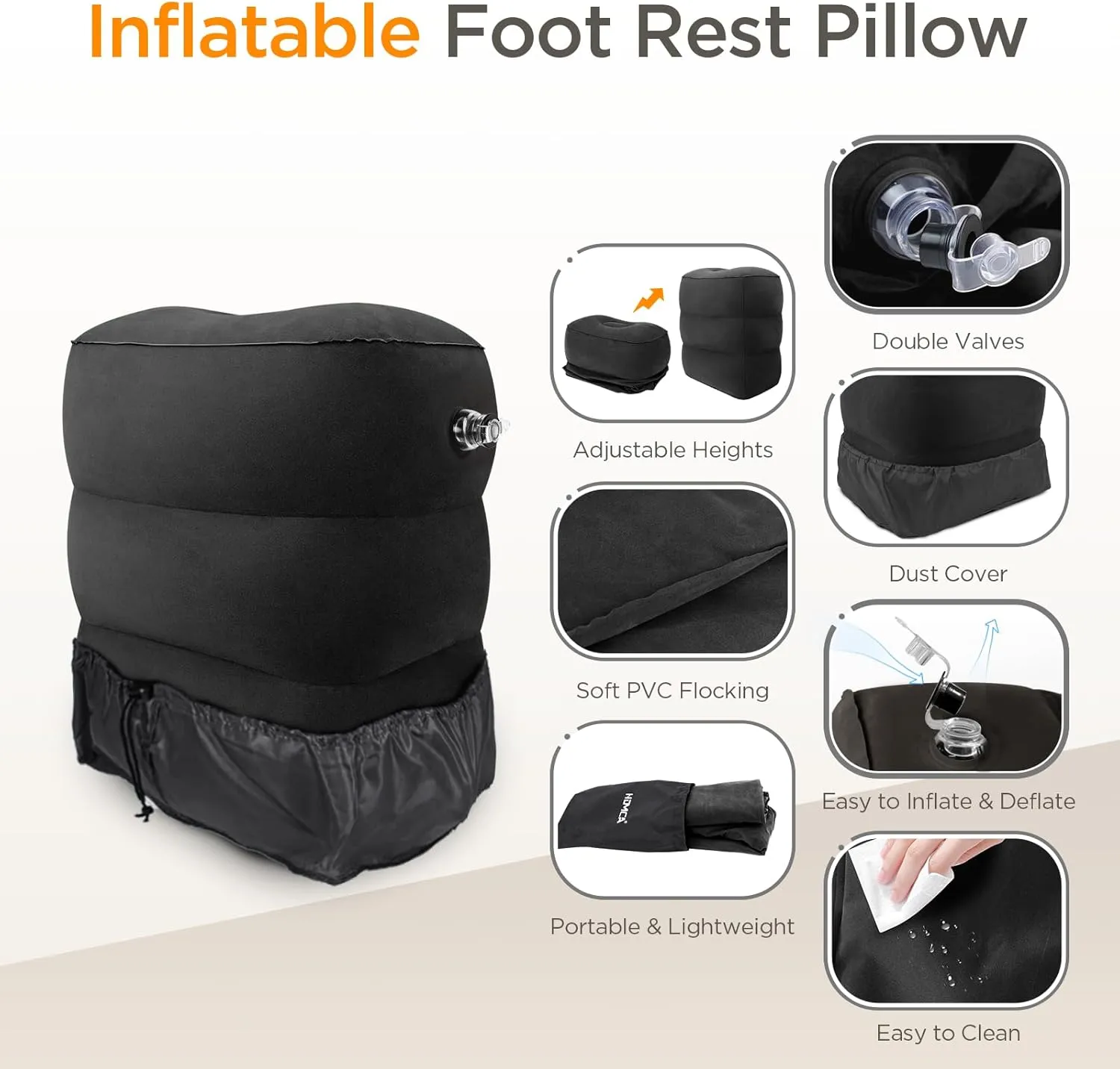 Inflatable Travel Foot Rest Pillow(2 Packs), Adjustable Height Leg Pillow，Fast Inflating Airplane Bed for Toddlers，Footrest Pillow for Office, Airplane，Train，Cars，Home (Black)