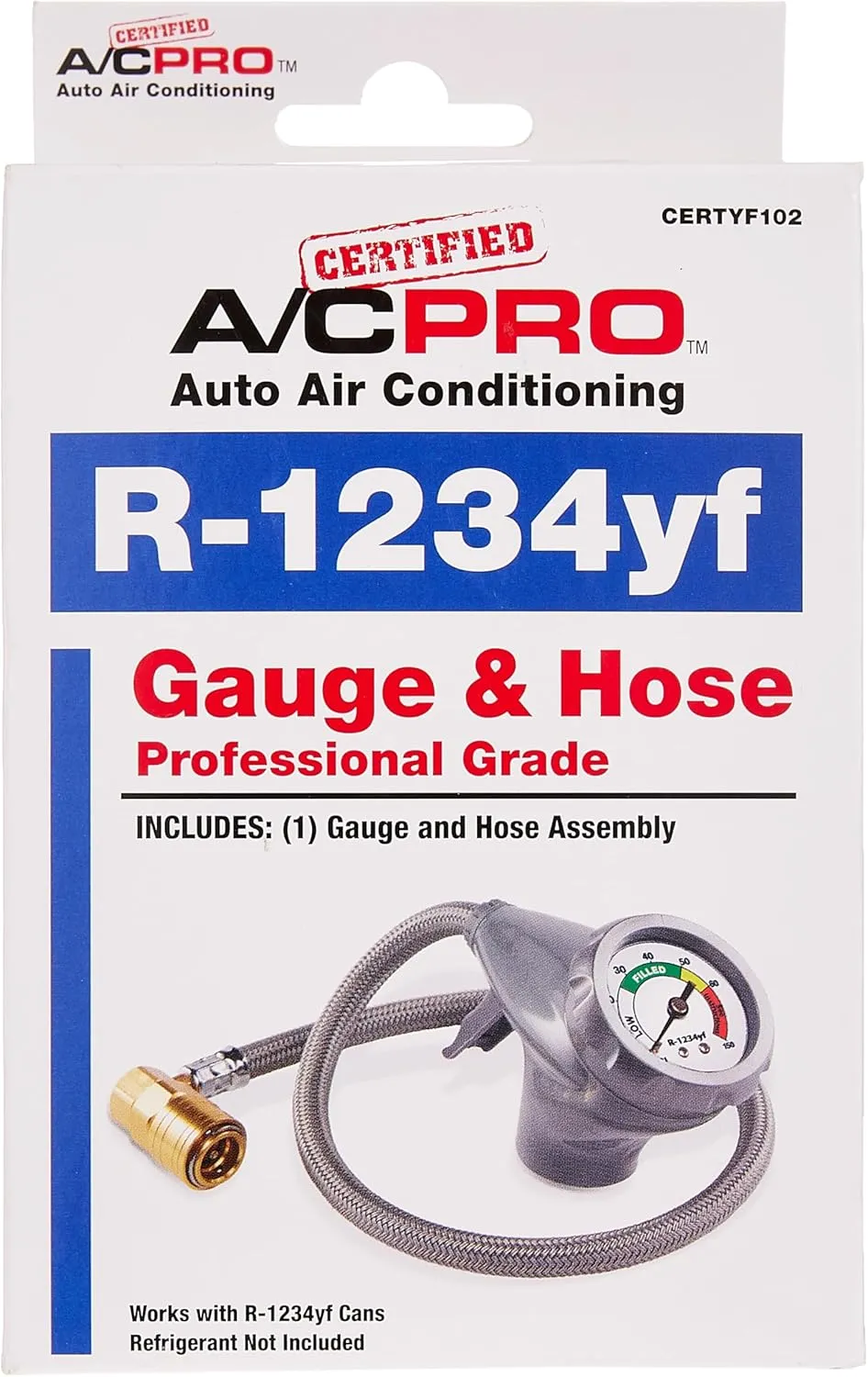 InterDynamics Certified AC Pro Car Air Conditioner R1234YF Refrigerant Gauge and Hose, Reusable AC Recharge Kit, 72 in
