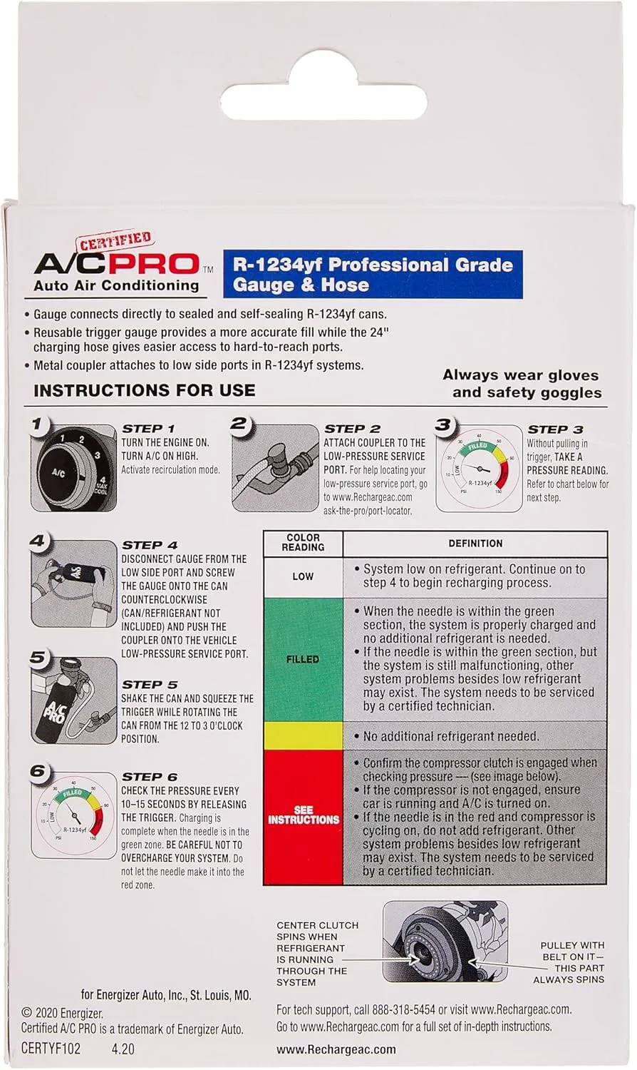 InterDynamics Certified AC Pro Car Air Conditioner R1234YF Refrigerant Gauge and Hose, Reusable AC Recharge Kit, 72 in