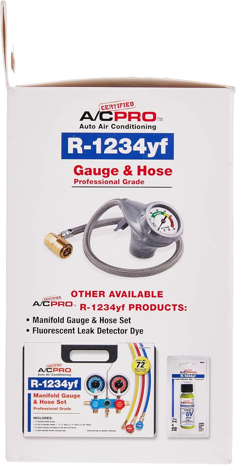 InterDynamics Certified AC Pro Car Air Conditioner R1234YF Refrigerant Gauge and Hose, Reusable AC Recharge Kit, 72 in
