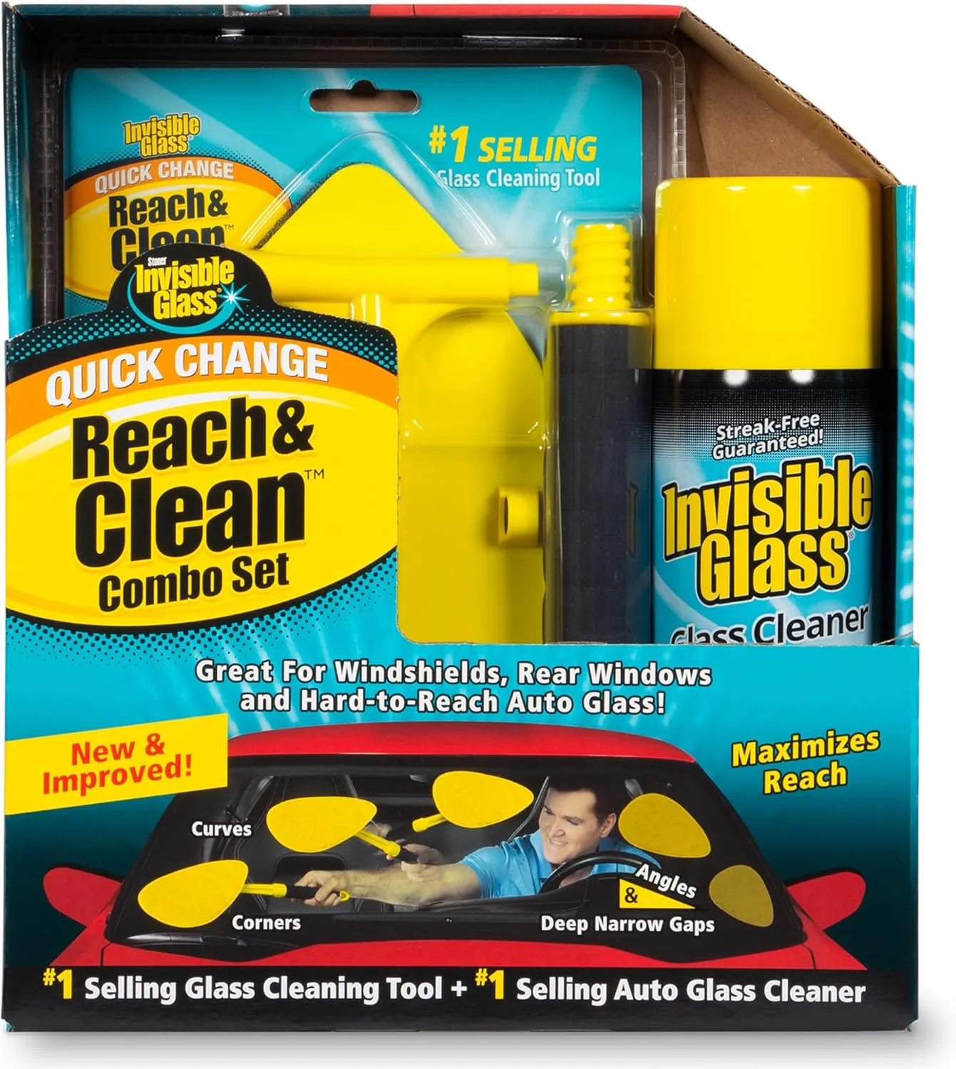 Invisible Glass 99031 Reach & Clean Glass Windshield Cleaner Tool Combo Kit With Premium Aerosol Glass Cleaner, Extendable Handle, (2) Reusable Quick Change Microfibers, and Storage Bag