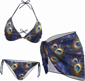 Irisjudy Tribal Shark Women Swimsuits Halter Tie Side Bikini Set Ink Splash Tiger 3PCS Bathing Suit with Cover Up Beach Skirt