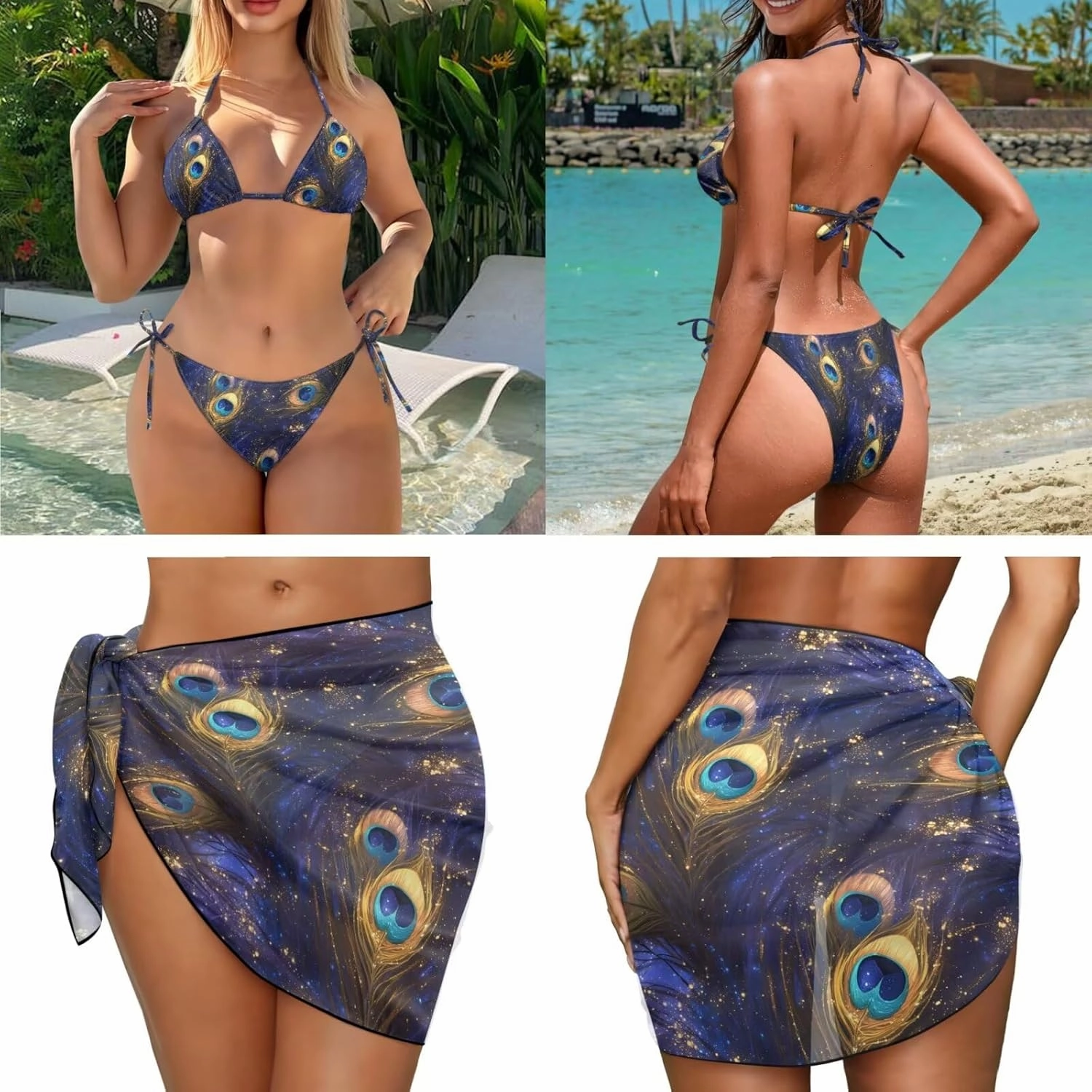 Irisjudy Tribal Shark Women Swimsuits Halter Tie Side Bikini Set Ink Splash Tiger 3PCS Bathing Suit with Cover Up Beach Skirt