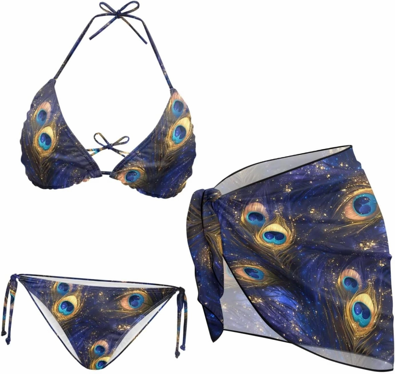 Irisjudy Tribal Shark Women Swimsuits Halter Tie Side Bikini Set Ink Splash Tiger 3PCS Bathing Suit with Cover Up Beach Skirt
