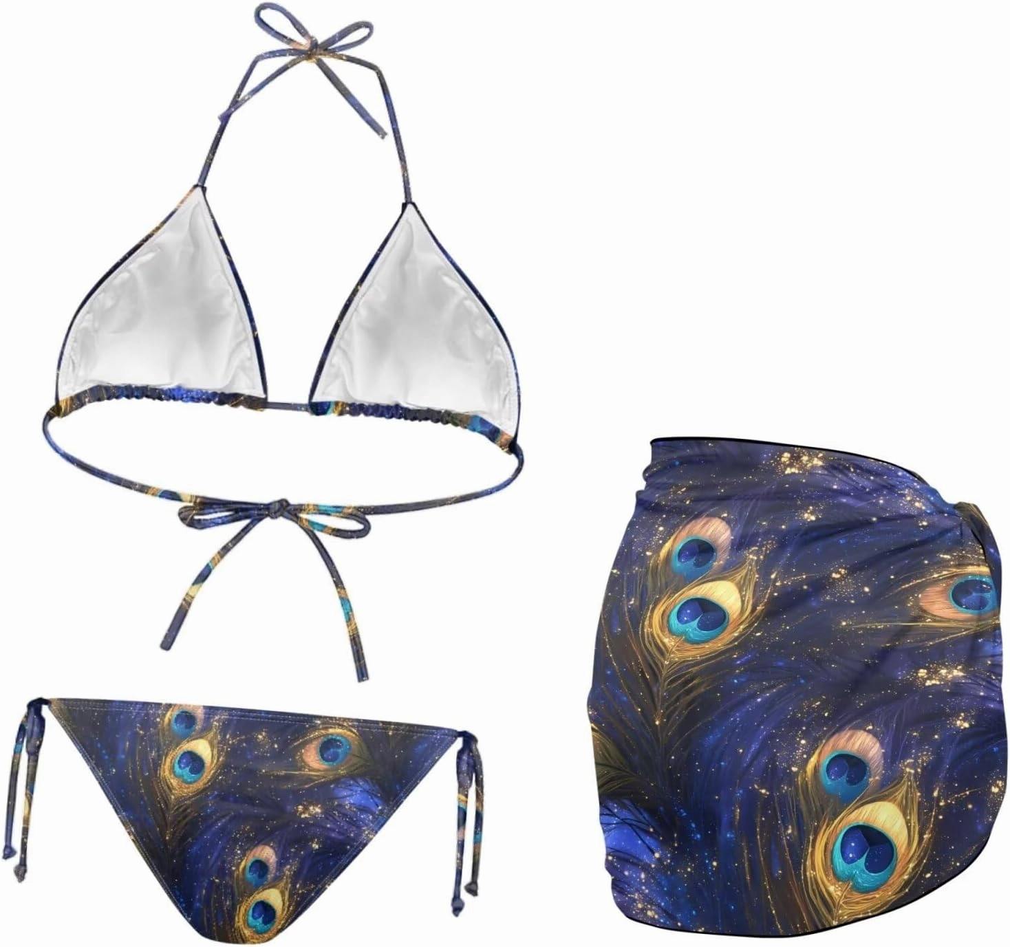 Irisjudy Tribal Shark Women Swimsuits Halter Tie Side Bikini Set Ink Splash Tiger 3PCS Bathing Suit with Cover Up Beach Skirt