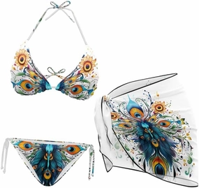 Irisjudy Women's 3 Piece Boho Floral Bathing Suit with Beach Wrap Skirt Sarong Chiffon Swimsuit Tie Side Bikini Set Cover Up