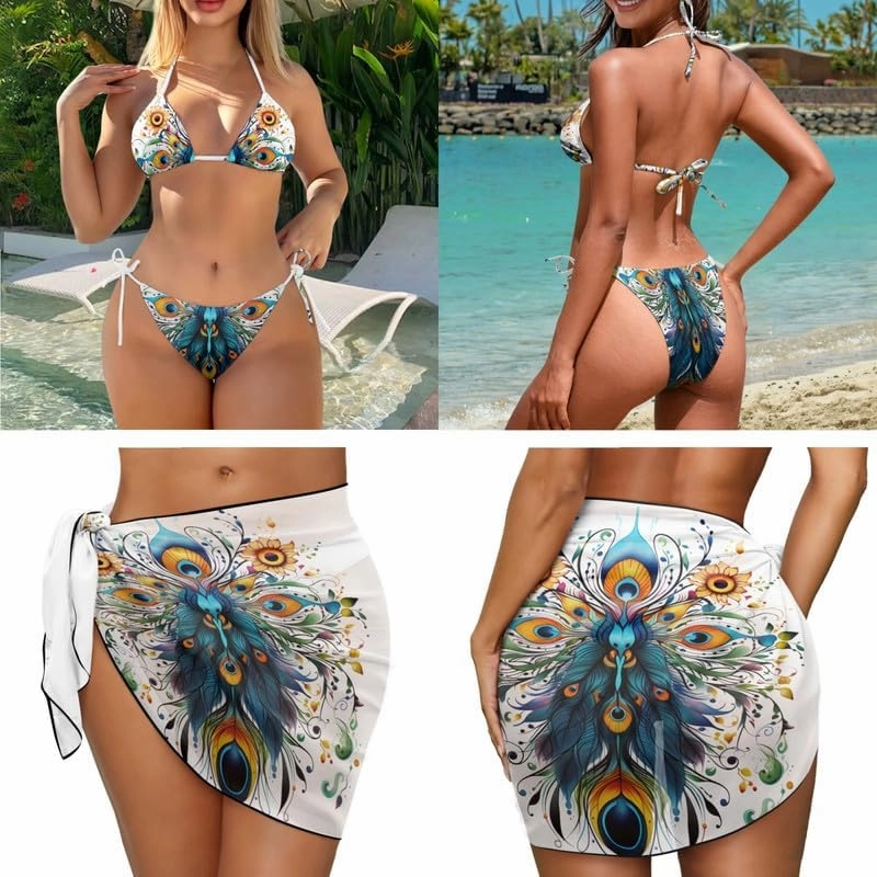 Irisjudy Women's 3 Piece Boho Floral Bathing Suit with Beach Wrap Skirt Sarong Chiffon Swimsuit Tie Side Bikini Set Cover Up