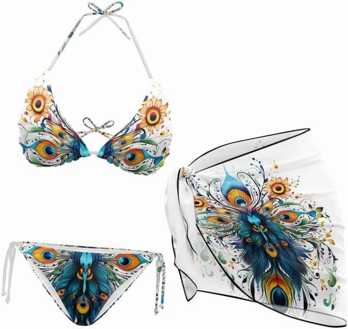 Irisjudy Women's 3 Piece Boho Floral Bathing Suit with Beach Wrap Skirt Sarong Chiffon Swimsuit Tie Side Bikini Set Cover Up