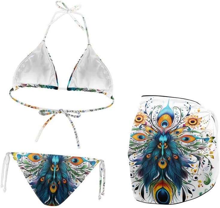 Irisjudy Women's 3 Piece Boho Floral Bathing Suit with Beach Wrap Skirt Sarong Chiffon Swimsuit Tie Side Bikini Set Cover Up