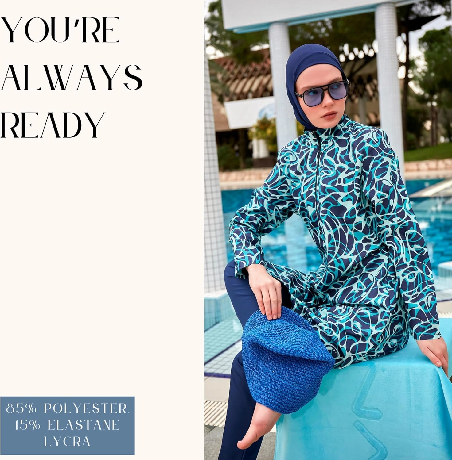 Islamic Full-Length Patterned Modest Swimsuit for Women | 4 PCS Muslim Burkini Set | Full Coverage Long Sleeve Rash Guard