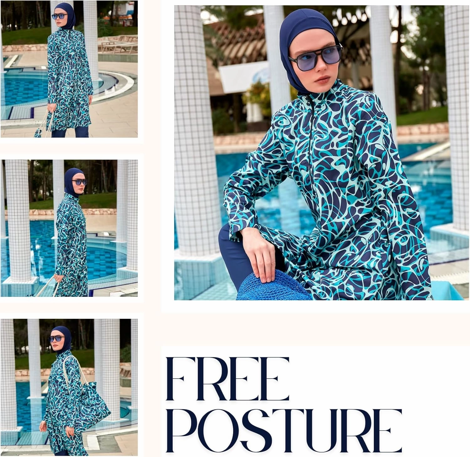 Islamic Full-Length Patterned Modest Swimsuit for Women | 4 PCS Muslim Burkini Set | Full Coverage Long Sleeve Rash Guard