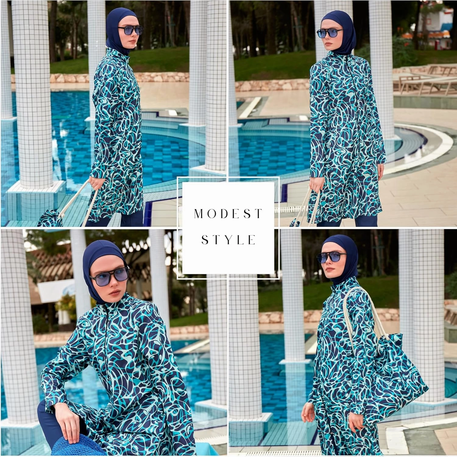 Islamic Full-Length Patterned Modest Swimsuit for Women | 4 PCS Muslim Burkini Set | Full Coverage Long Sleeve Rash Guard