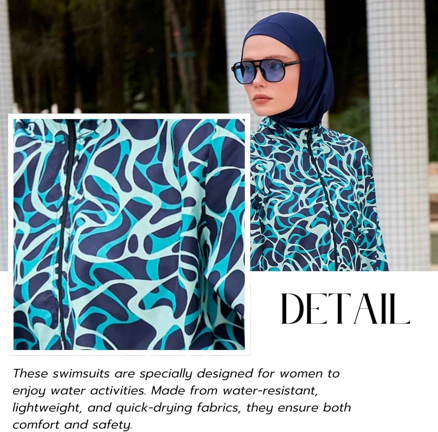 Islamic Full-Length Patterned Modest Swimsuit for Women | 4 PCS Muslim Burkini Set | Full Coverage Long Sleeve Rash Guard