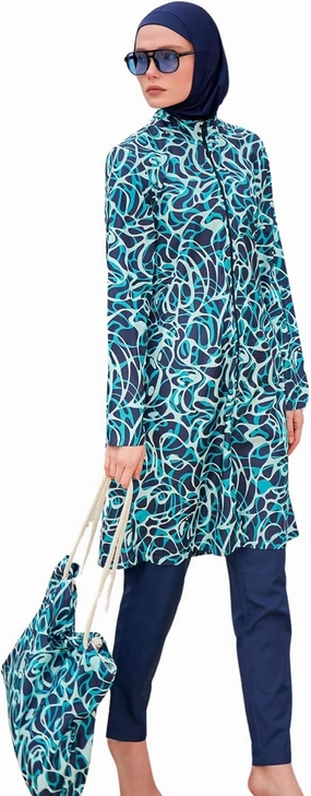Islamic Full-Length Patterned Modest Swimsuit for Women | 4 PCS Muslim Burkini Set | Full Coverage Long Sleeve Rash Guard