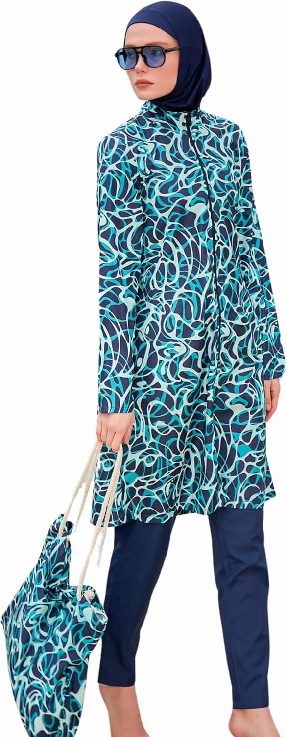 Islamic Full-Length Patterned Modest Swimsuit for Women | 4 PCS Muslim Burkini Set | Full Coverage Long Sleeve Rash Guard