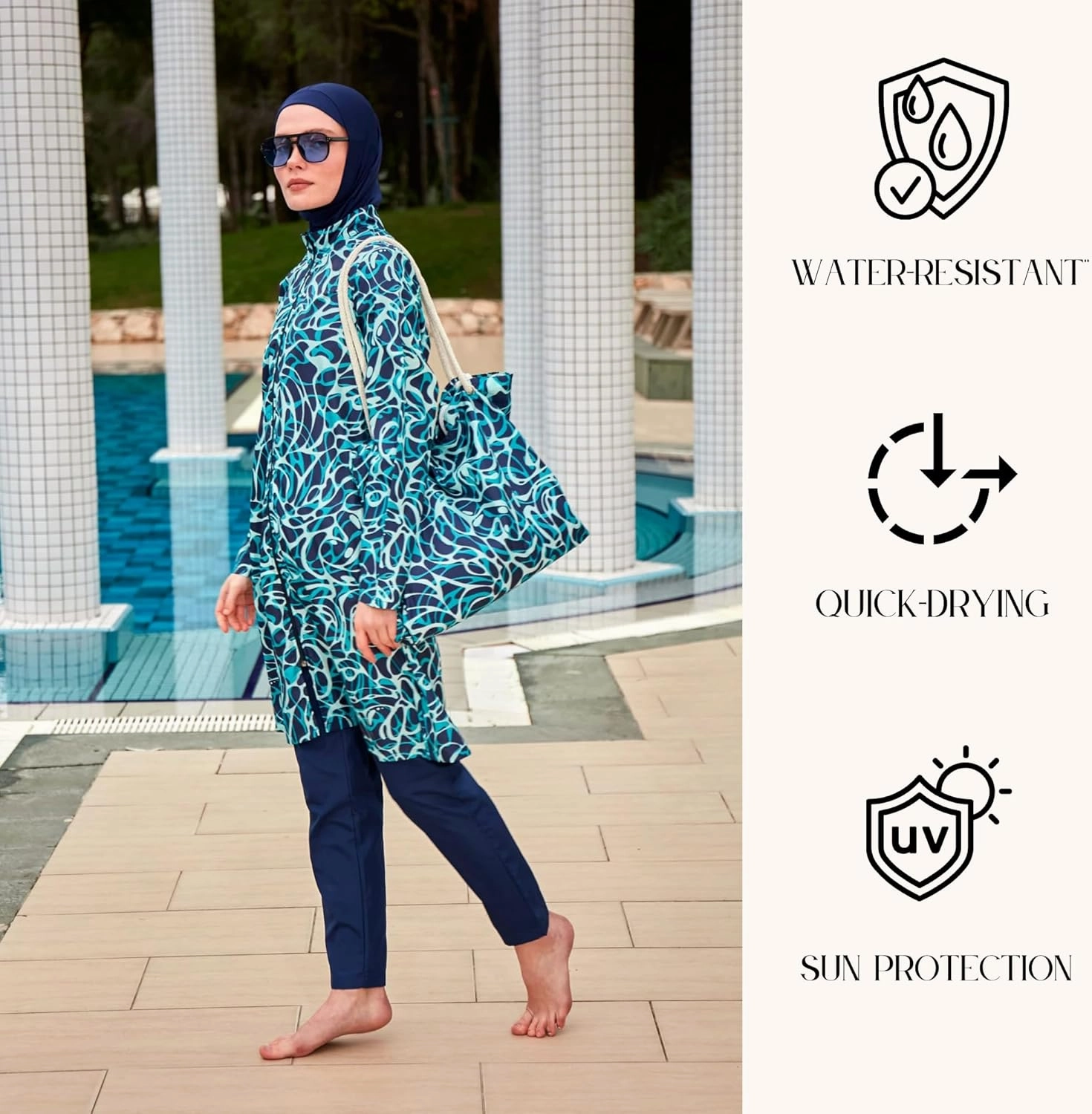 Islamic Full-Length Patterned Modest Swimsuit for Women | 4 PCS Muslim Burkini Set | Full Coverage Long Sleeve Rash Guard