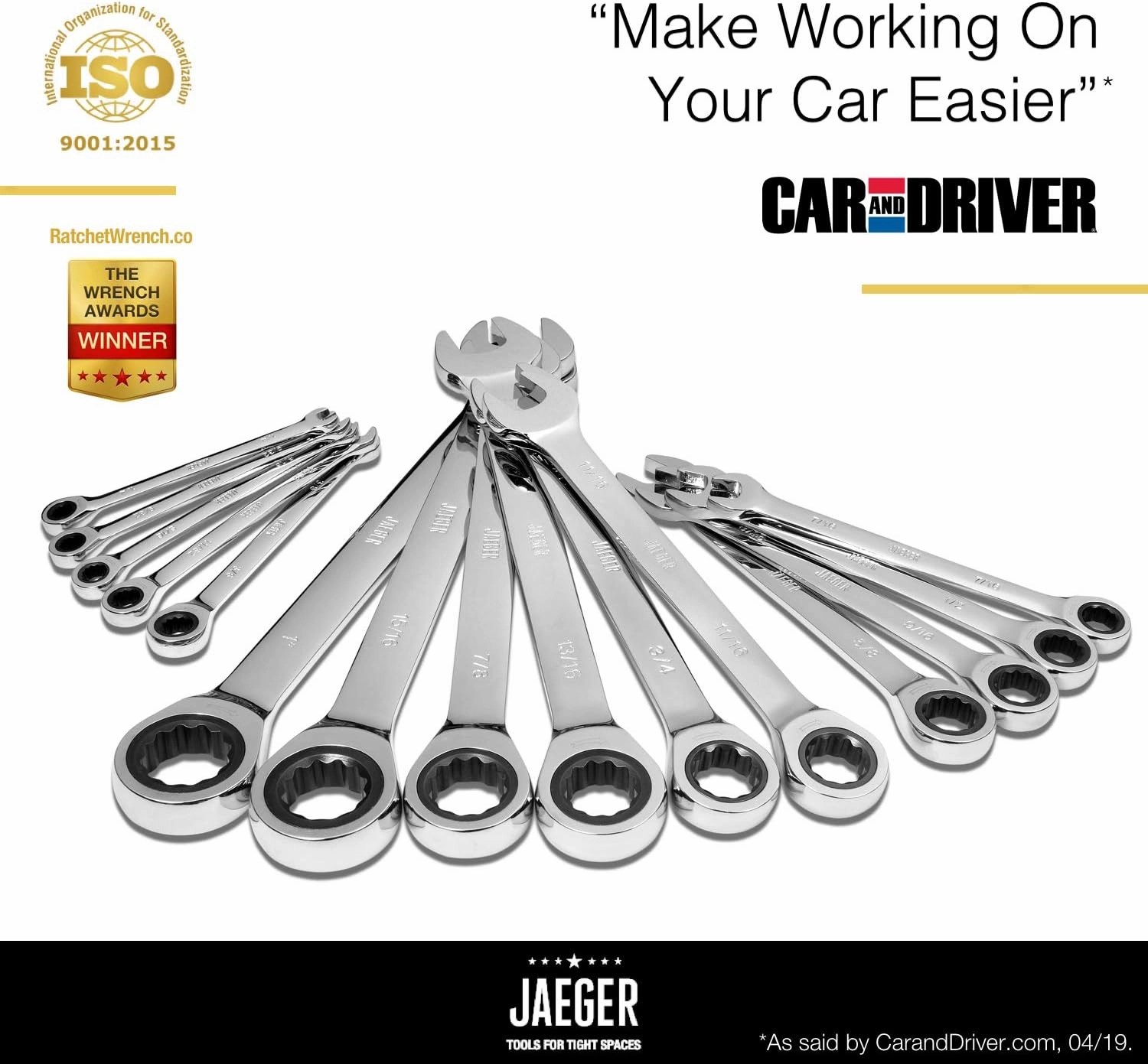 Jaeger 15pc Inch TIGHTSPOT 90-Tooth Ratcheting Wrenches MASTER SET - Our LARGEST SAE/INCH SET With Bear Keeper Rollup Case