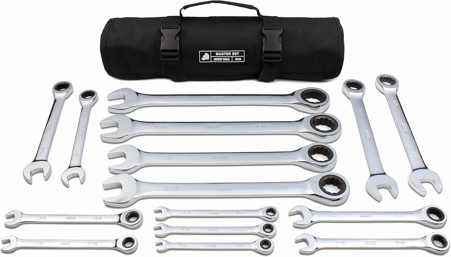 Jaeger 15pc Inch TIGHTSPOT 90-Tooth Ratcheting Wrenches MASTER SET - Our LARGEST SAE/INCH SET With Bear Keeper Rollup Case