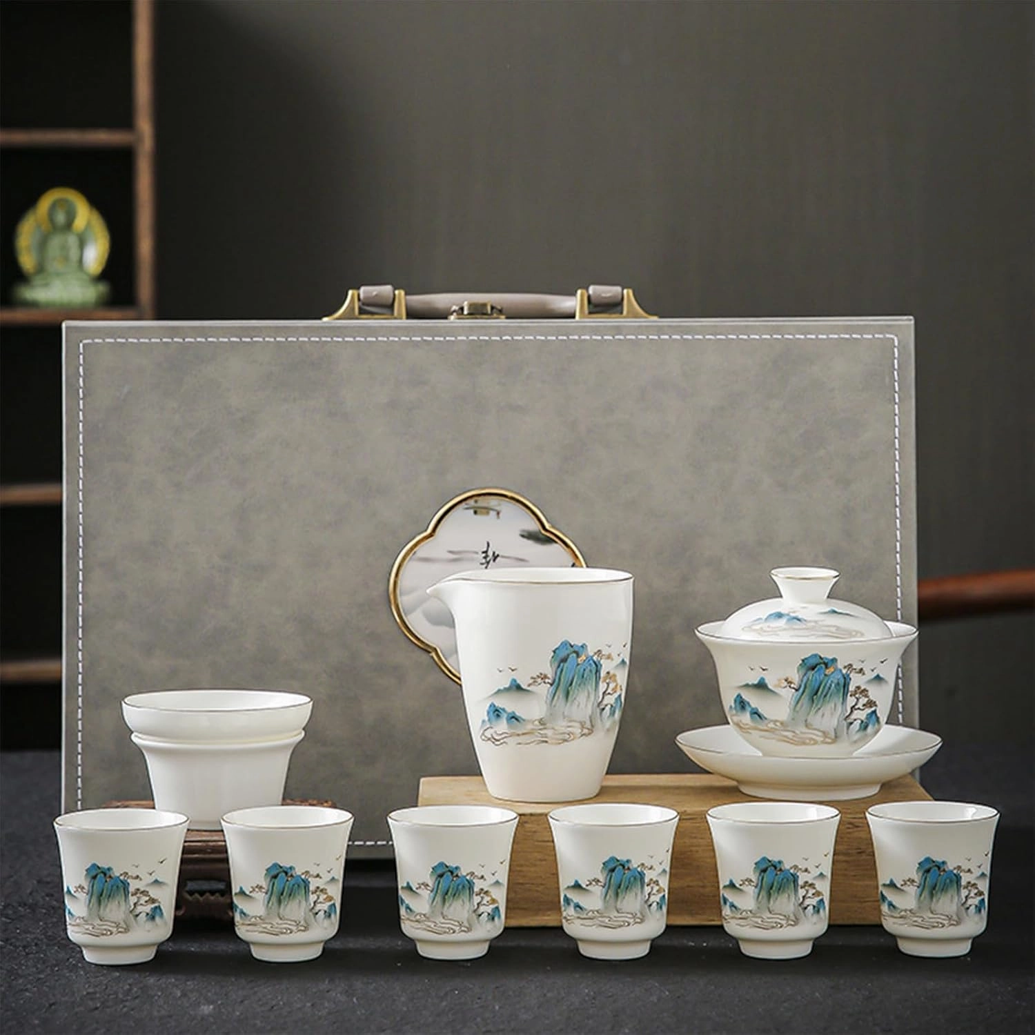 Japanese & Chinese Tea Set,Chinese Gongfu Teaset with Teapot,Gaiwan Teaset Boxed Gift Set Beautiful Asian Tea Set for Adults(Mountains Rivers-Lid)