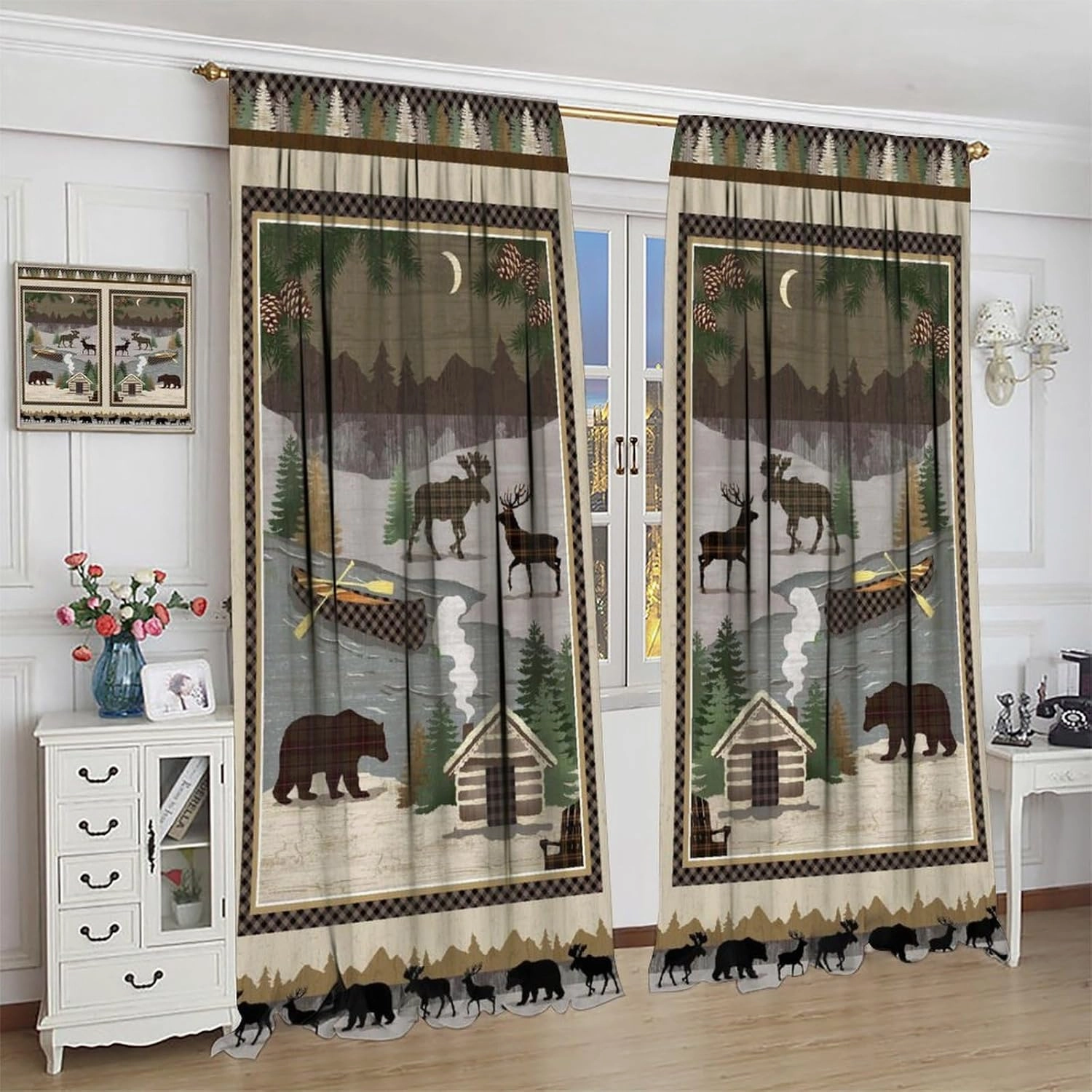 JESTRONRY Rustic Moose Bear Blackout Curtains,Forest Tree Farmhouse Cabin Country Decor Room Darkening Rod Sleeves Window Drapes for Bedroom Kitchen Bathroom W42xL45in