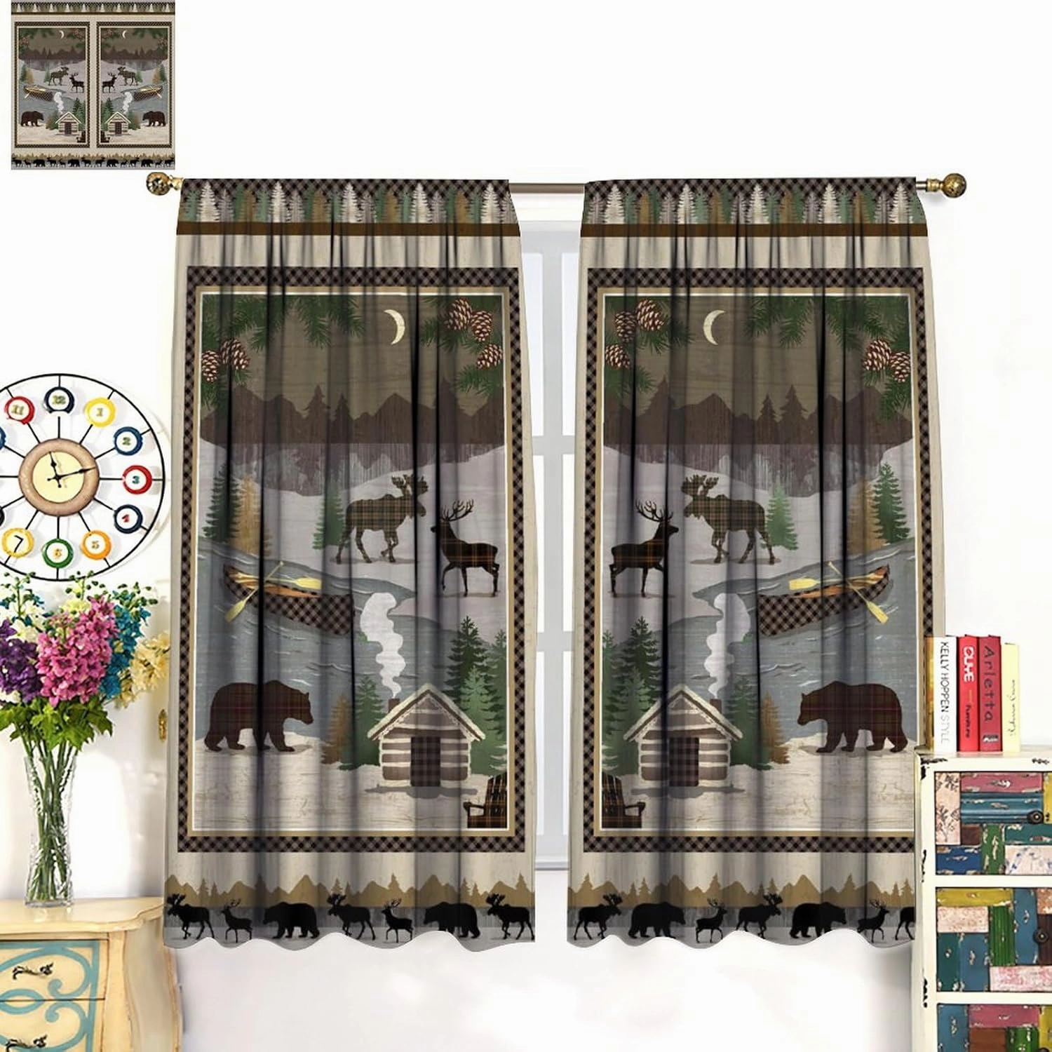 JESTRONRY Rustic Moose Bear Blackout Curtains,Forest Tree Farmhouse Cabin Country Decor Room Darkening Rod Sleeves Window Drapes for Bedroom Kitchen Bathroom W42xL45in
