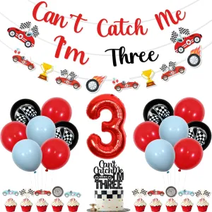 Jollyboom Racing Car 3rd Birthday Party Decoration Boy, Can't Catch Me I'm Three Decoration Banner Garland Cake Cupcake Topper Number 3 Foil Balloon for Race Car 3rd Birthday Party Decoration