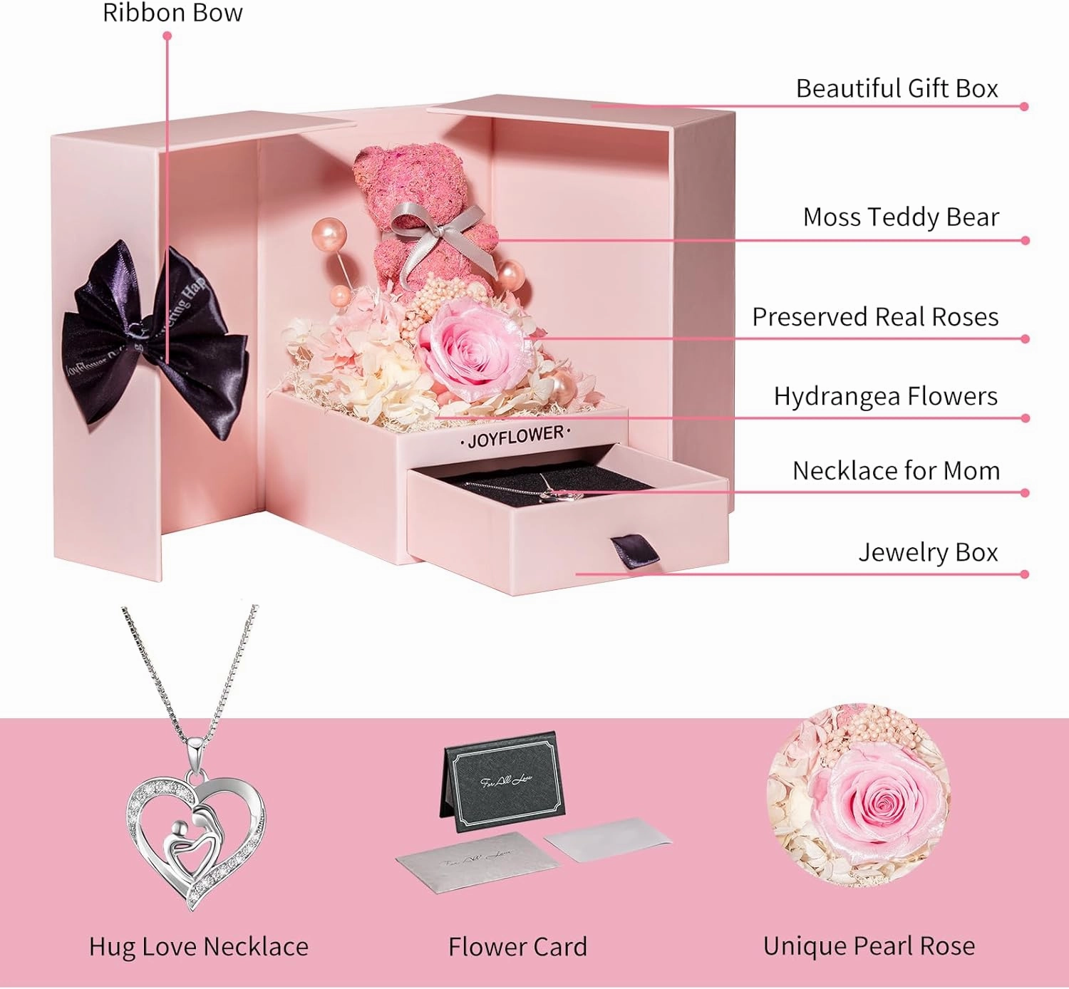 JoyFlower Preserved Flowers with Necklace Gifts for Mom, Unique Pearl Rose Eternal Flower Bear with Necklace Gift for Grandma, Preserved Real Pink Roses Mother's Day Birthday Gift for Mother Grandma