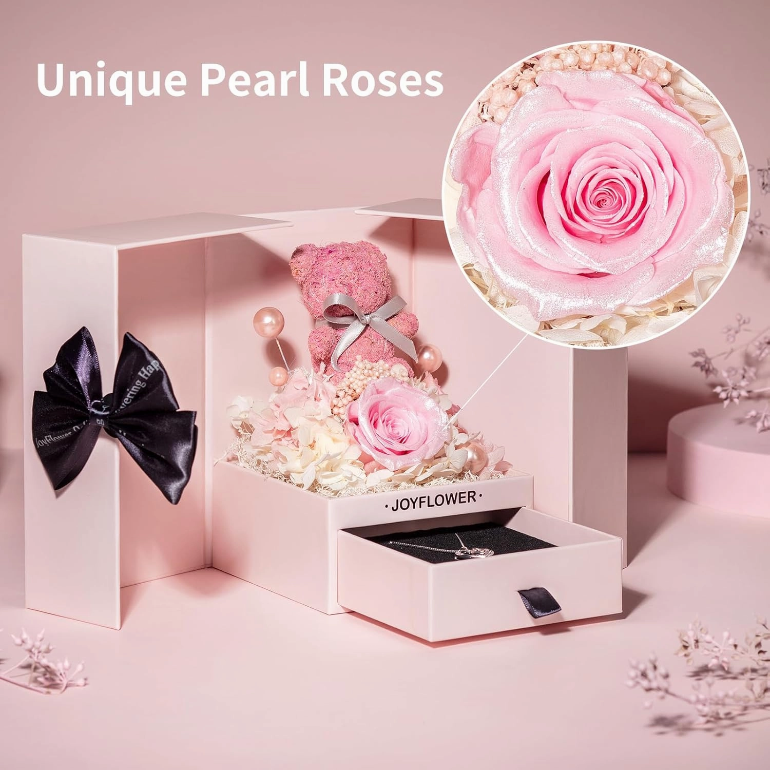 JoyFlower Preserved Flowers with Necklace Gifts for Mom, Unique Pearl Rose Eternal Flower Bear with Necklace Gift for Grandma, Preserved Real Pink Roses Mother's Day Birthday Gift for Mother Grandma