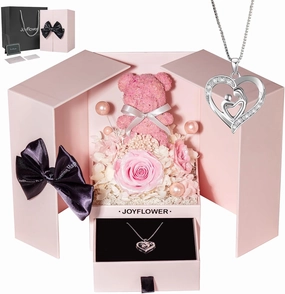JoyFlower Preserved Flowers with Necklace Gifts for Mom, Unique Pearl Rose Eternal Flower Bear with Necklace Gift for Grandma, Preserved Real Pink Roses Mother's Day Birthday Gift for Mother Grandma