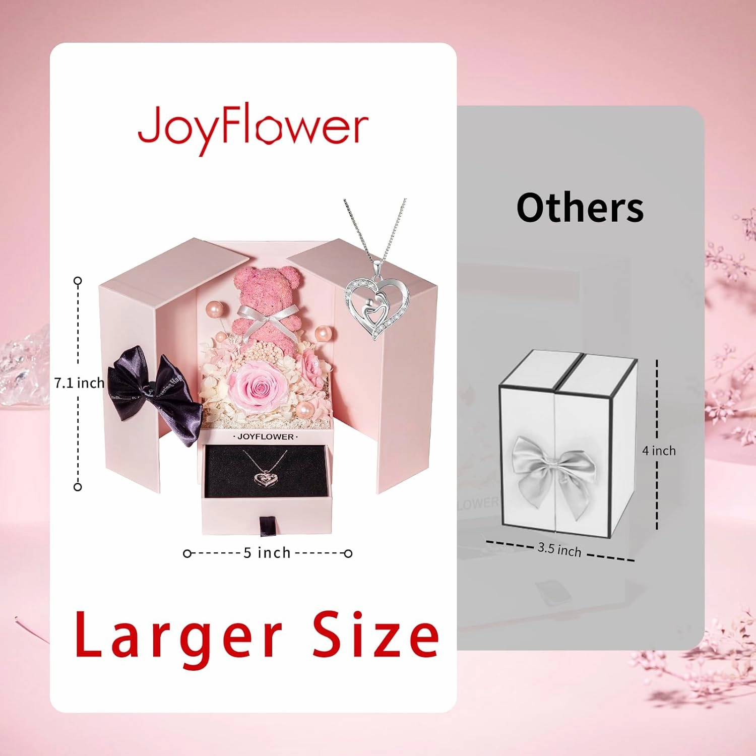 JoyFlower Preserved Flowers with Necklace Gifts for Mom, Unique Pearl Rose Eternal Flower Bear with Necklace Gift for Grandma, Preserved Real Pink Roses Mother's Day Birthday Gift for Mother Grandma