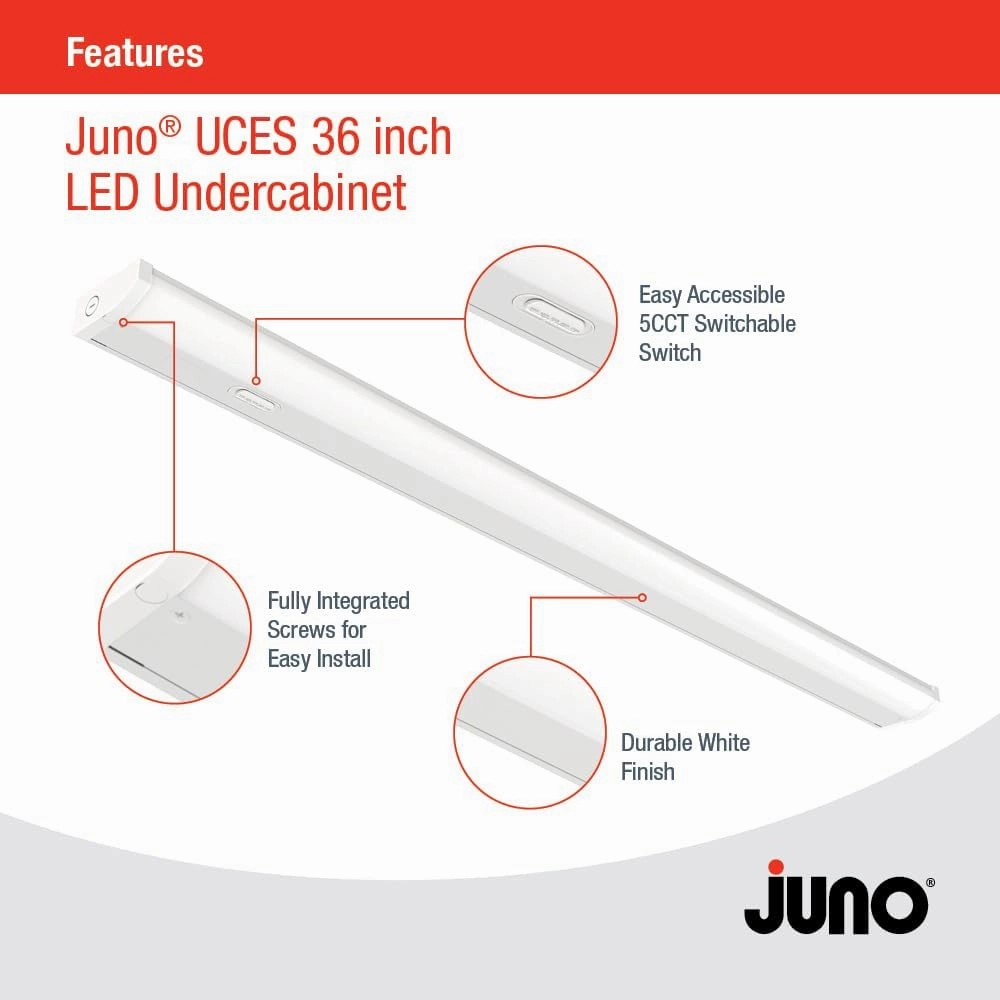 Juno UCES 36 Inch LED Under Cabinet Lighting, LED Kitchen Cabinet Light Fixture Hardwired, Dimmable, Damp Rated, Selectable Soft, Warm, Neutral, Cool, Daylight White Light (UCES 36IN SWW5 90CRI WH M6)