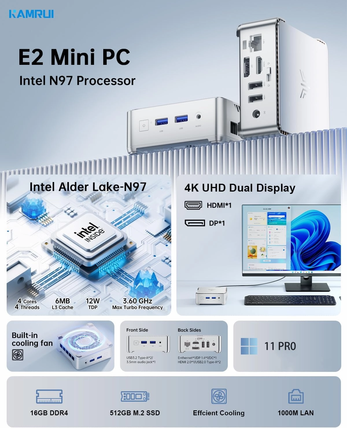 KAMRUI E2 Mini PC 11 Pro, 12th Gen Alder Lake N97(up to 3.6GHz) Micro PC (Beat N150/N100/N95), 16GB RAM 512GB M.2 SSD, Desktop Computers 4K Dual Display/USB3.2/WiFi/BT/LAN Small Computer