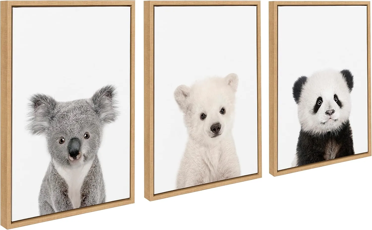 Kate and Laurel Sylvie Baby Polar Bear, Baby Panda Bear and Baby Koala Bear Framed Canvas Wall Art Set by Amy Peterson Art Studio, 3 Piece Set 18x24 Natural, Baby Animal Wall Art Décor Set