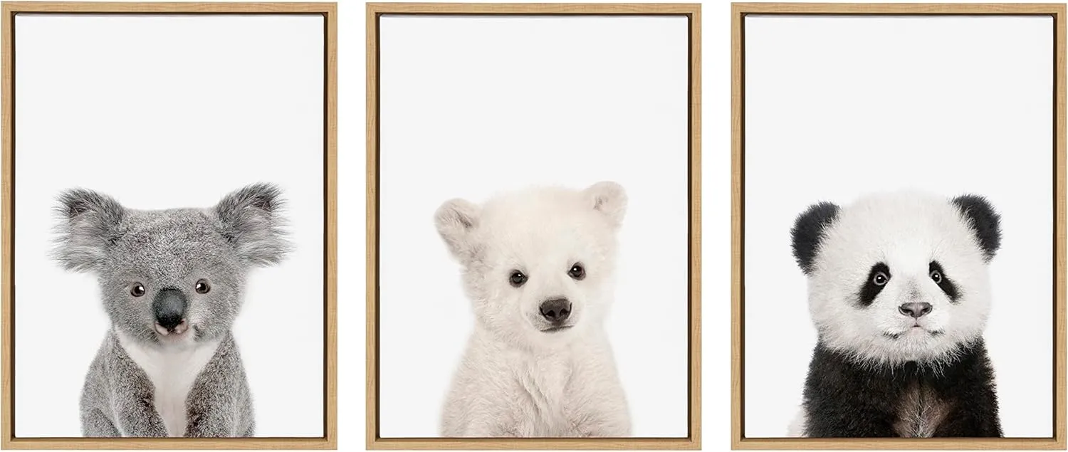 Kate and Laurel Sylvie Baby Polar Bear, Baby Panda Bear and Baby Koala Bear Framed Canvas Wall Art Set by Amy Peterson Art Studio, 3 Piece Set 18x24 Natural, Baby Animal Wall Art Décor Set