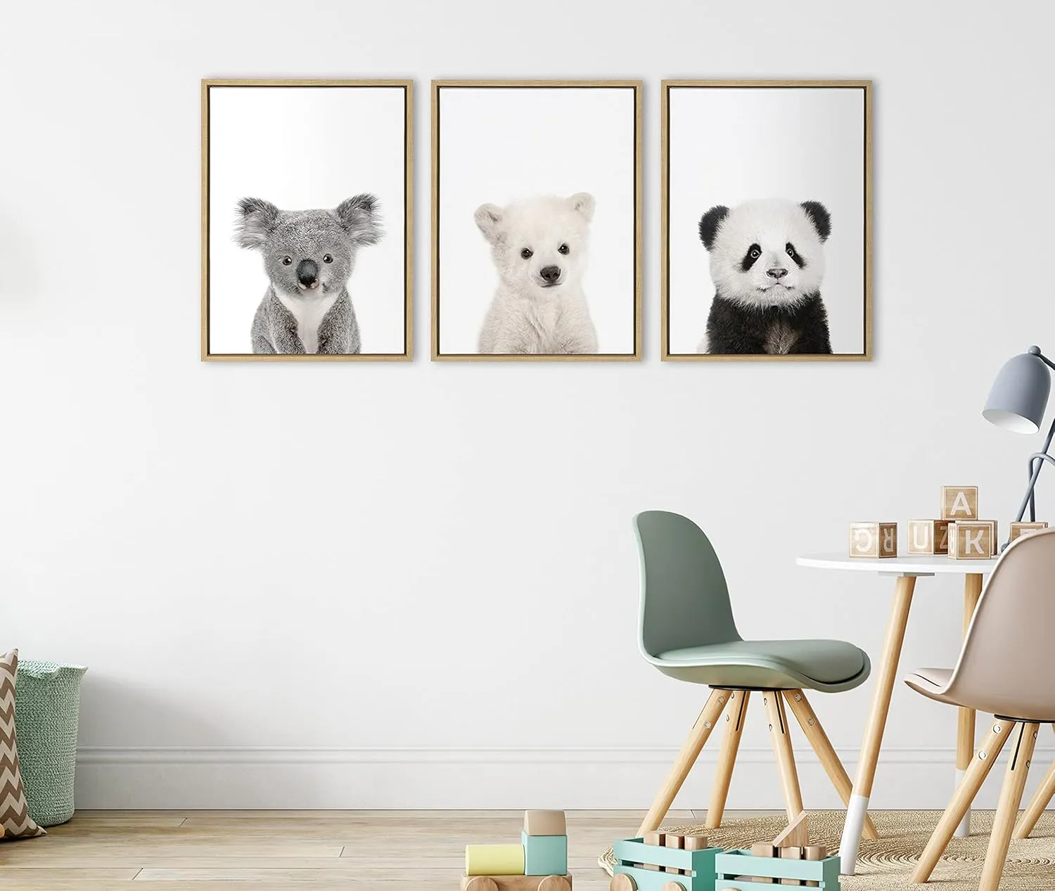 Kate and Laurel Sylvie Baby Polar Bear, Baby Panda Bear and Baby Koala Bear Framed Canvas Wall Art Set by Amy Peterson Art Studio, 3 Piece Set 18x24 Natural, Baby Animal Wall Art Décor Set