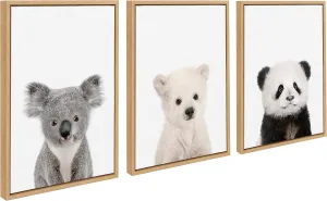 Kate and Laurel Sylvie Baby Polar Bear, Baby Panda Bear and Baby Koala Bear Framed Canvas Wall Art Set by Amy Peterson Art Studio, 3 Piece Set 18x24 Natural, Baby Animal Wall Art Décor Set