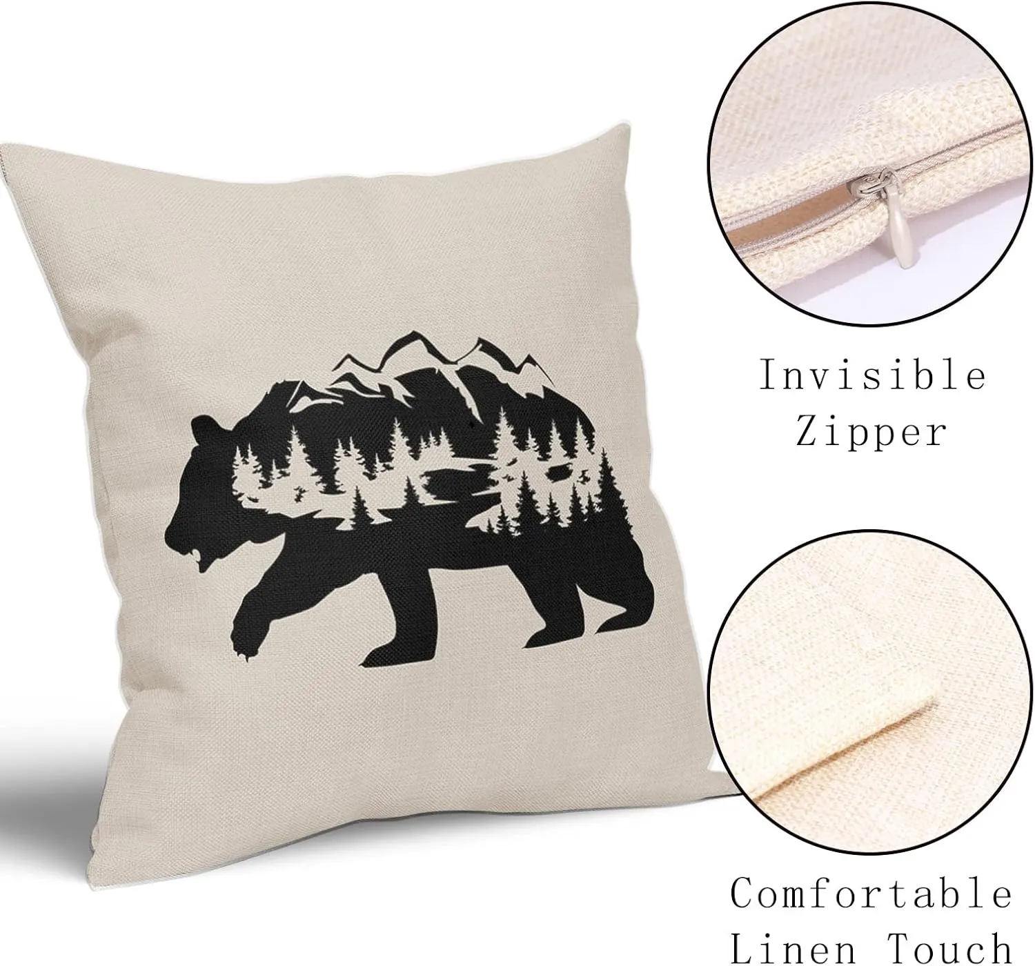 Kawani Black Bear Pillow Covers 18X18 in Cabin Rustic Bear Decor Forest Mountain Decorative Couch Pillow Cases with Zipper Set of 2 Home Decor for Living Room Bedroom Bed Cushion Outdoor