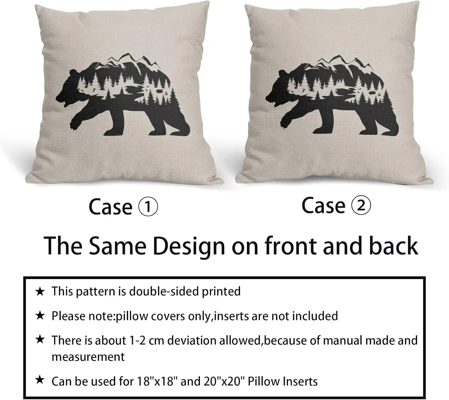 Kawani Black Bear Pillow Covers 18X18 in Cabin Rustic Bear Decor Forest Mountain Decorative Couch Pillow Cases with Zipper Set of 2 Home Decor for Living Room Bedroom Bed Cushion Outdoor
