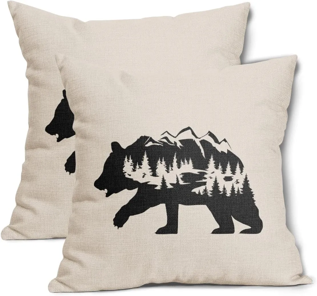 Kawani Black Bear Pillow Covers 18X18 in Cabin Rustic Bear Decor Forest Mountain Decorative Couch Pillow Cases with Zipper Set of 2 Home Decor for Living Room Bedroom Bed Cushion Outdoor