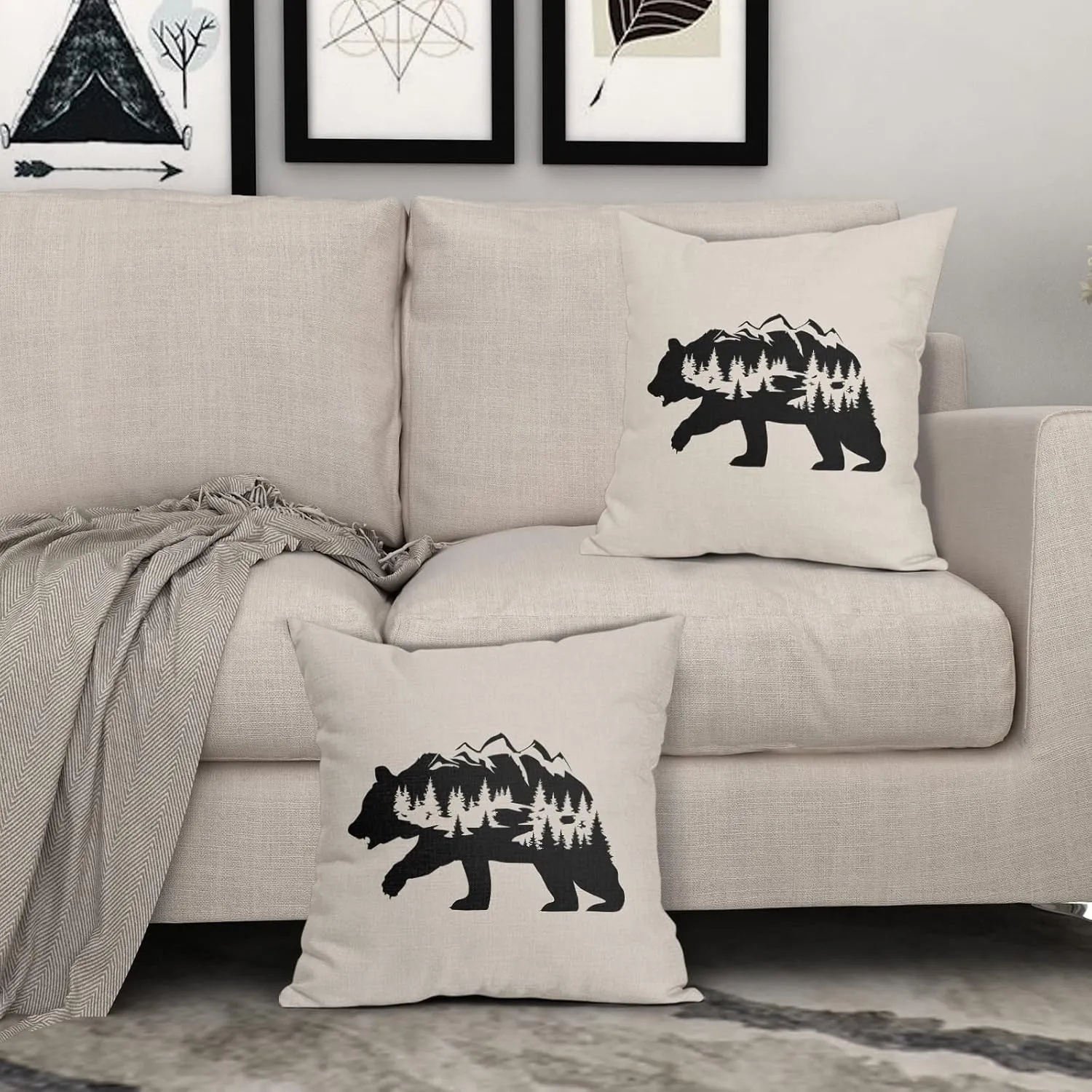 Kawani Black Bear Pillow Covers 18X18 in Cabin Rustic Bear Decor Forest Mountain Decorative Couch Pillow Cases with Zipper Set of 2 Home Decor for Living Room Bedroom Bed Cushion Outdoor